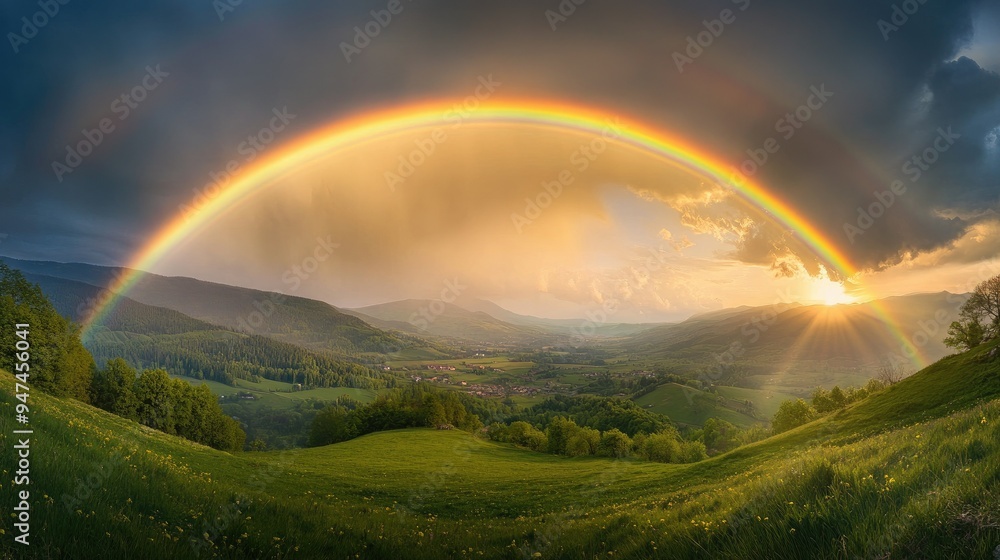 Stunning double rainbow stretching across a green valley, with the sun breaking through post-rain clouds. Stunning double rainbow stretching across a green valley, with the sun breaking through post-rain clouds.