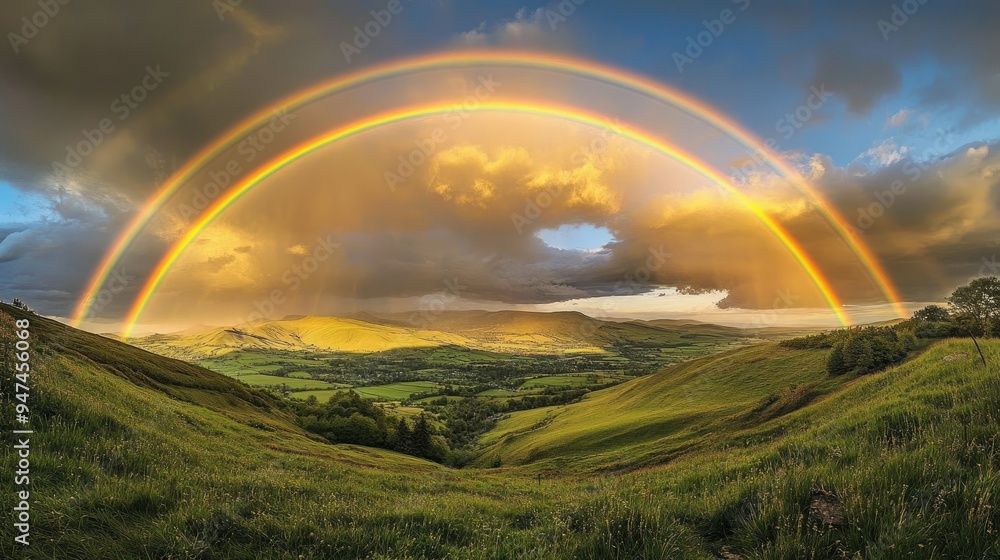 Stunning double rainbow stretching across a green valley, with the sun breaking through post-rain clouds. Stunning double rainbow stretching across a green valley, with the sun breaking through post-rain clouds.