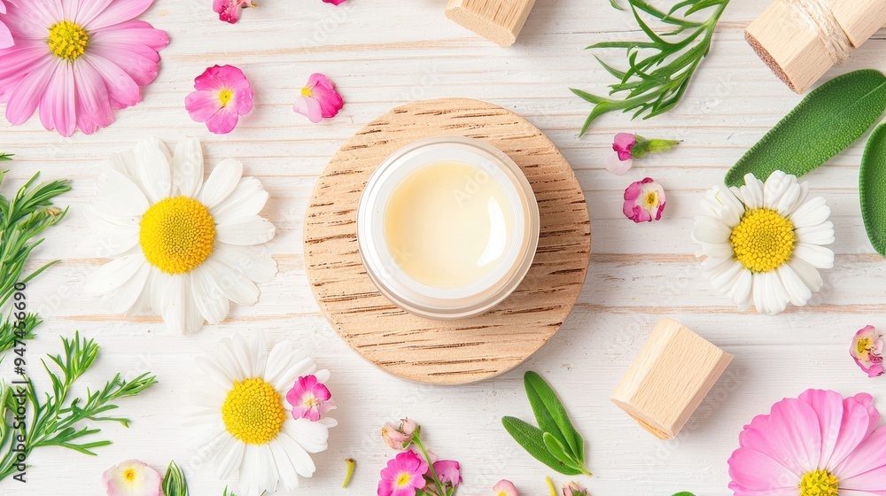 Natural Skincare Ingredients with Flowers and Wooden Blocks on White Wooden Background Natural Skincare Ingredients with Flowers and Wooden Blocks on White Wooden Background