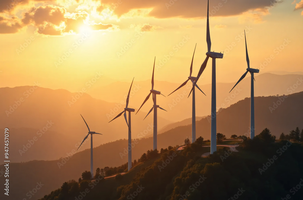 Obraz premium Wind turbines on a mountain ridge at sunset, generating renewable energy in a serene landscape
