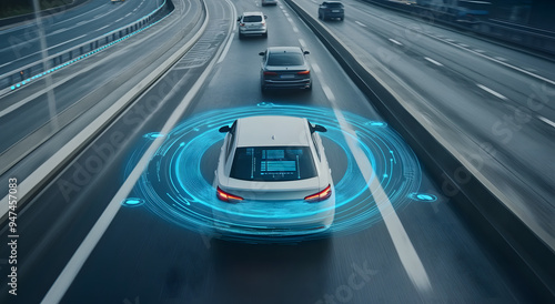 A White Car on the Road Featuring Advanced Technology Systems, Emphasizing Modern Automotive Innovations and Cutting-Edge Design, Ideal for Showcasing Future Mobility and High-Tech Transportation Conc