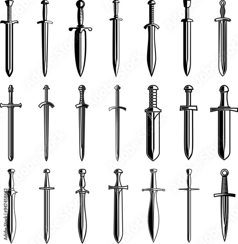 Set of illustrations of medieval swords. Design element for poster, card, banner,emblem, sign. Vector illustration