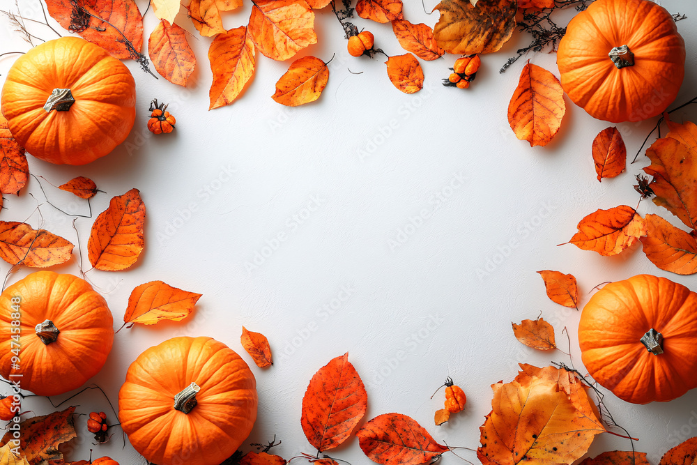 White mock up photo frame with orange pumpkin and colorful dried leaves, copy space, top view, halloween, thanksgiving holiday concept. White mock up photo frame with orange pumpkin and colorful dried leaves, copy space, top view, halloween, thanksgiving holiday concept.