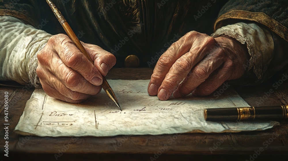 A close-up image of an elderly individual's hands holding a quill pen, writing on a piece of parchment paper. The hands have visible wrinkles and age spots, indicating the person's advanced age. The p A close-up image of an elderly individual's hands holding a quill pen, writing on a piece of parchment paper. The hands have visible wrinkles and age spots, indicating the person's advanced age. The p