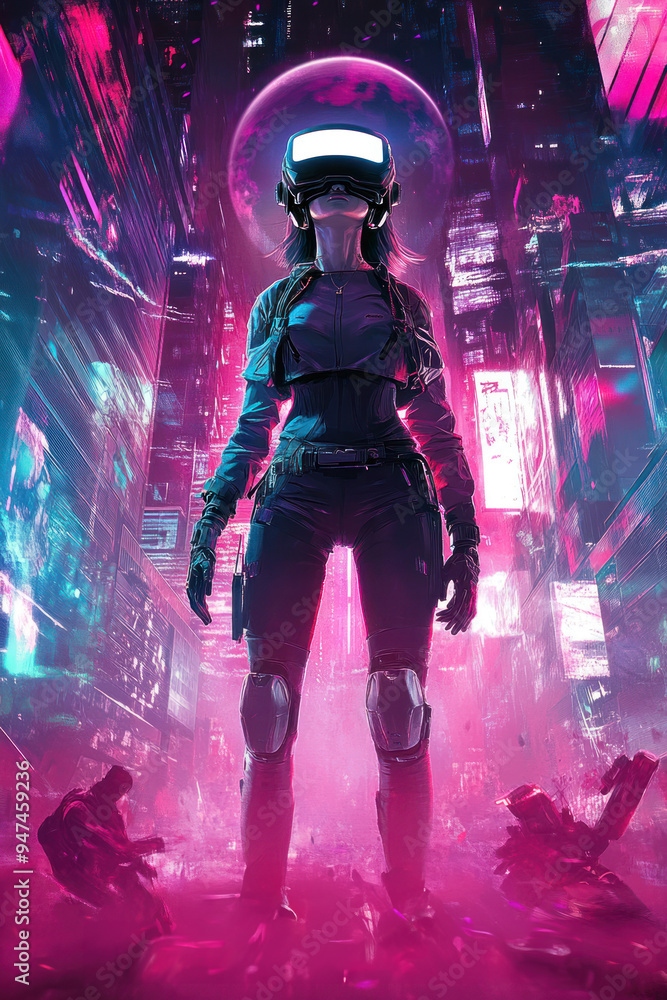 Cyberpunk Warrior - A futuristic female character in a neon-lit cityscape, equipped with VR gear, stands tall and ready for action in a cyberpunk world. Cyberpunk Warrior - A futuristic female character in a neon-lit cityscape, equipped with VR gear, stands tall and ready for action in a cyberpunk world.