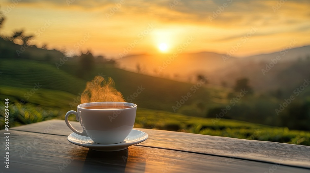 Steaming tea in a cup on a table, with a picturesque tea plantation at sunset behind. Steaming tea in a cup on a table, with a picturesque tea plantation at sunset behind.