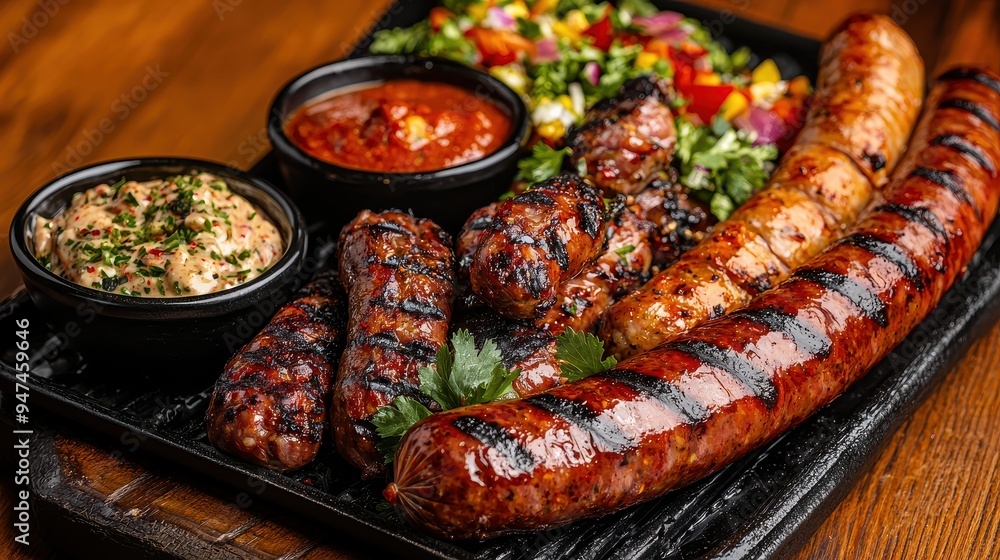 Grilled Sausage Platter with Sauces and Salad Grilled Sausage Platter with Sauces and Salad