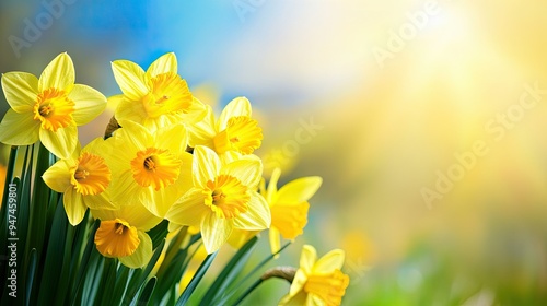 Sunny yellow daffodils on a crisp blue spring morning, creating a cheerful background.