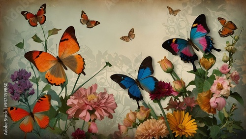 Exotic floral and butterfly collage: vibrant flowers, lush green leaves, multicolored butterflies, with a background texture of vintage newspaper clippings. photo