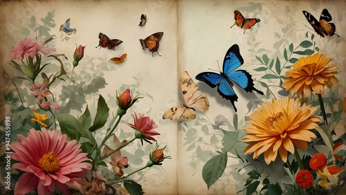 Exotic floral and butterfly collage: vibrant flowers, lush green leaves, multicolored butterflies, with a background texture of vintage newspaper clippings. photo