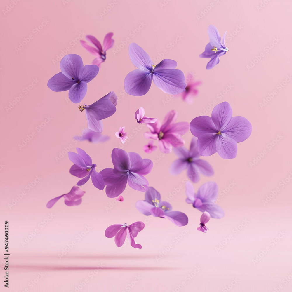 Purple flowers floating against a pastel pink background Purple flowers floating against a pastel pink background