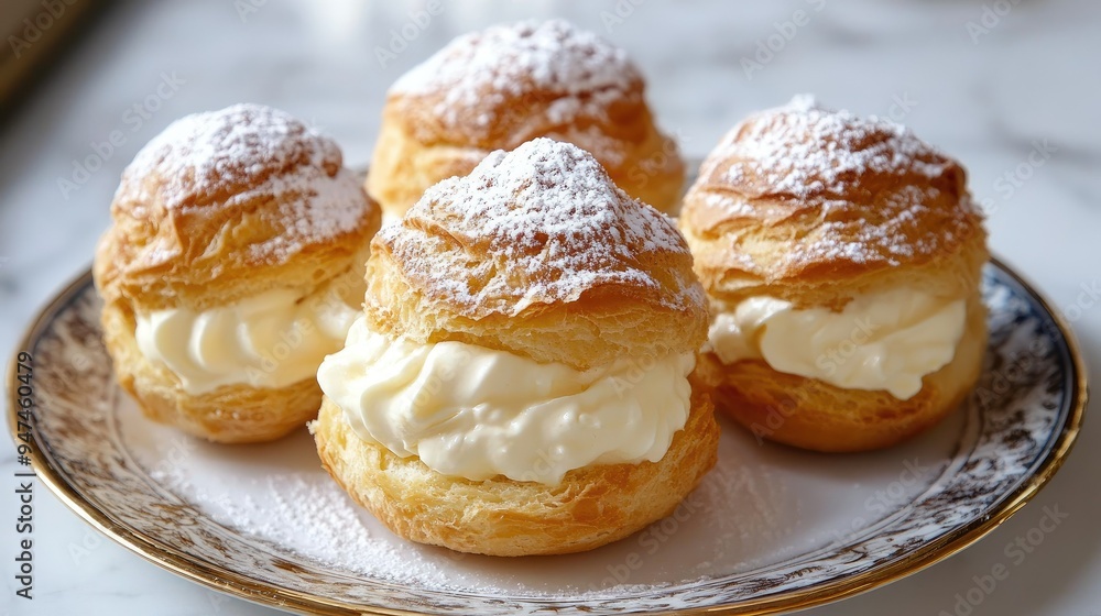 Three decadent cream puffs arranged on a plate, their delicate pastry shells filled with luscious cream. Three decadent cream puffs arranged on a plate, their delicate pastry shells filled with luscious cream.