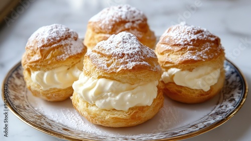 Wallpaper Mural Three decadent cream puffs arranged on a plate, their delicate pastry shells filled with luscious cream. Torontodigital.ca