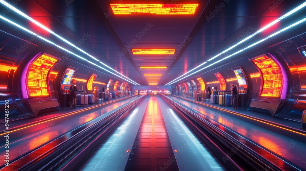 Conceptual illustration of a futuristic airport where luggage is delivered to passengers via individual conveyor belts, surrounded by holographic signage and neon-lit pathways, Futuristic Conceptual illustration of a futuristic airport where luggage is delivered to passengers via individual conveyor belts, surrounded by holographic signage and neon-lit pathways, Futuristic
