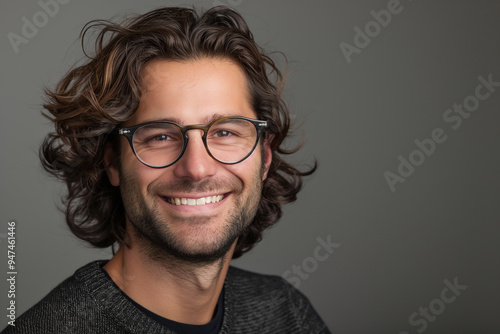 Portrait of a handsome, smiling man with glasses and long hair wearing a sweater against a grey background