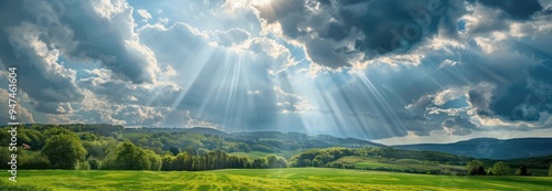 Sun Rays Through Clouds Over Green Landscape