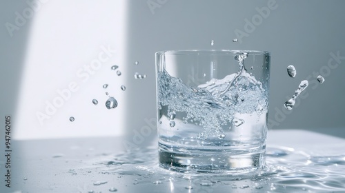 Water cascading into a glass, with droplets flying, on a white table surface.