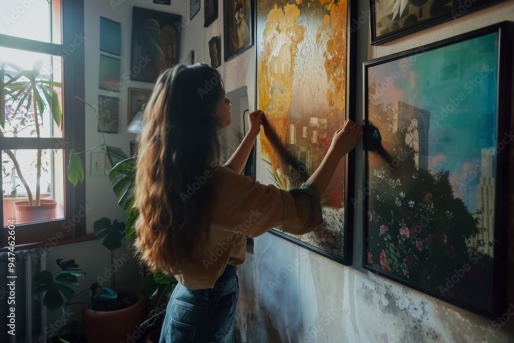 Woman hanging picture on wall in room. Interior design, apartment decoration, pictures hanging Woman hanging picture on wall in room. Interior design, apartment decoration, pictures hanging