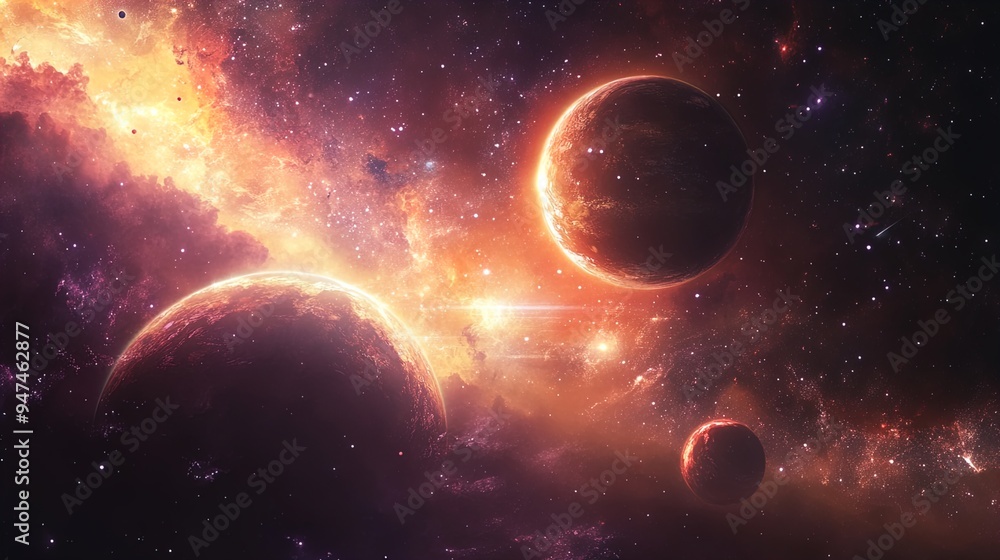 Naklejka premium A breathtakingly vivid space scene showcasing multiple planets illuminated by a radiant nebula. The image exudes a sense of cosmic grandeur with a warm, fiery glow dominating the composition, contrast
