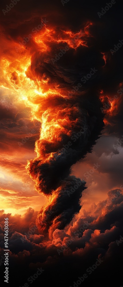 Dramatic vertical shot of a fiery tornado forming in a stormy sky, showcasing intense clouds and atmospheric power. Dramatic vertical shot of a fiery tornado forming in a stormy sky, showcasing intense clouds and atmospheric power.