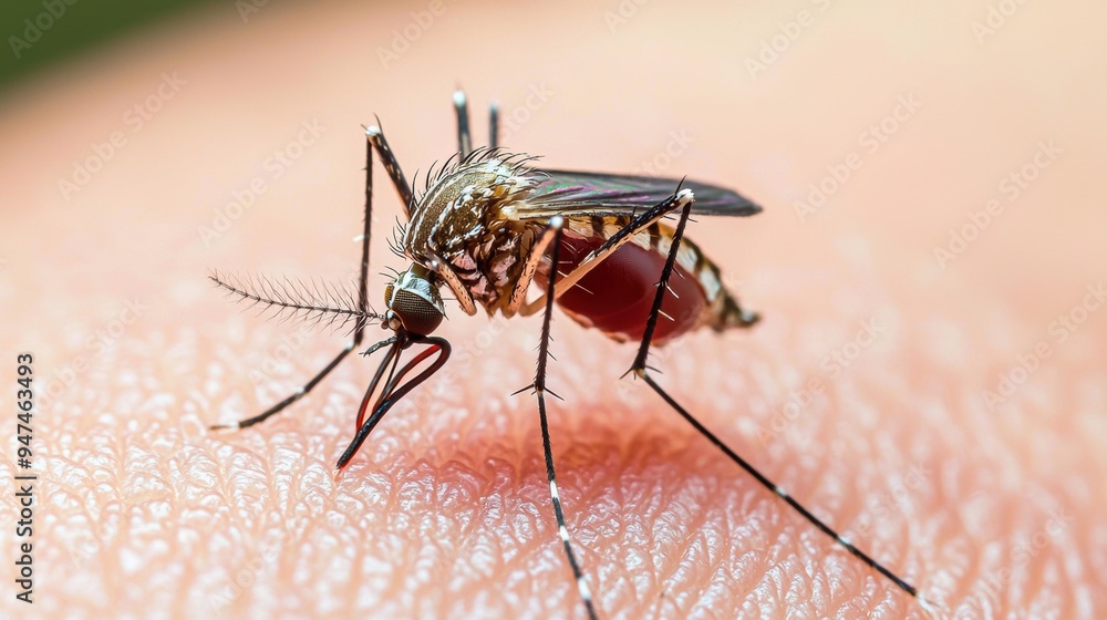 Deadly Mosquito Feeding on Blood - Close-up Detailed View with Sharp Focus Deadly Mosquito Feeding on Blood - Close-up Detailed View with Sharp Focus