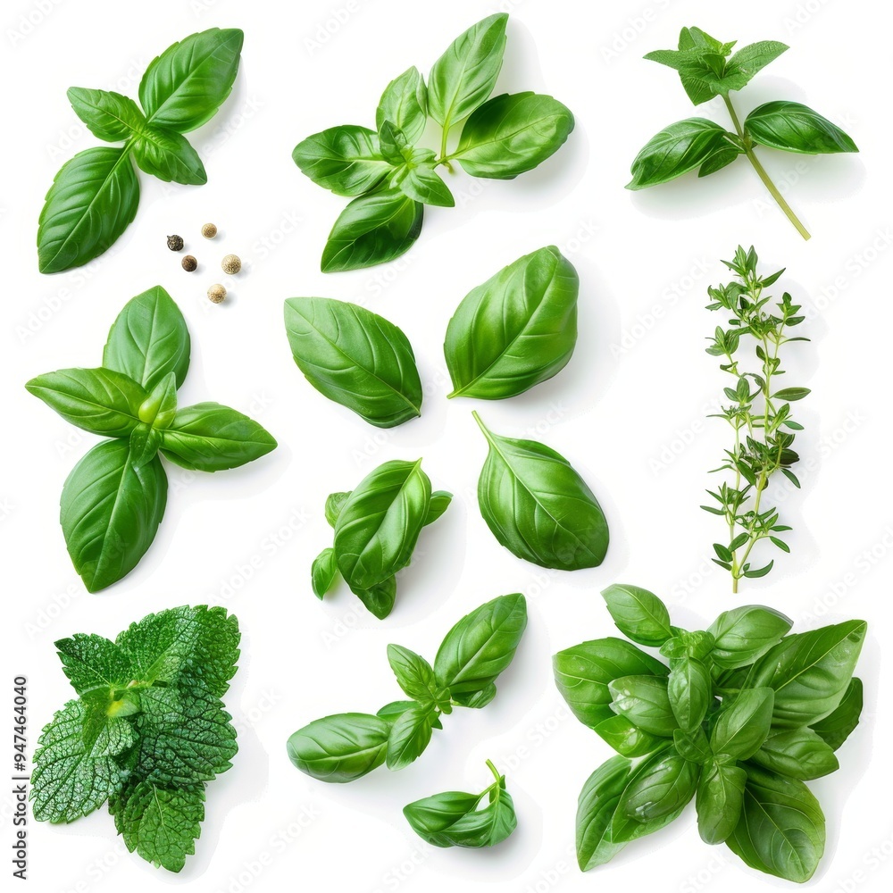 Fresh herbs set isolated, parsley, basil leaves, thyme, mint seasoning, raw green condiment sprig collection Fresh herbs set isolated, parsley, basil leaves, thyme, mint seasoning, raw green condiment sprig collection