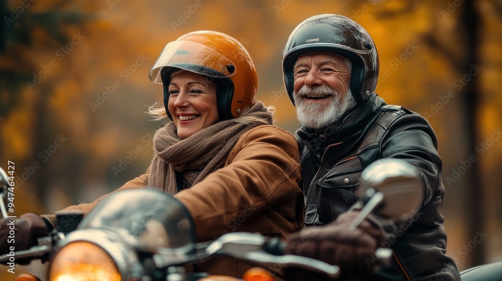 Two people are riding a motorcycle, one of them is smiling Two people are riding a motorcycle, one of them is smiling