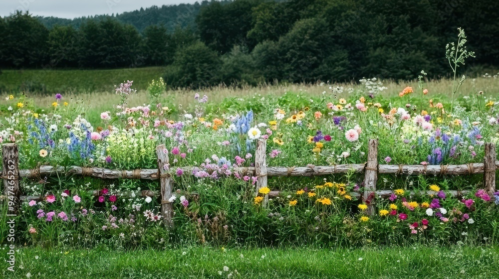 Rustic Wooden Fence with Blooming Wildflowers and Lush Greenery