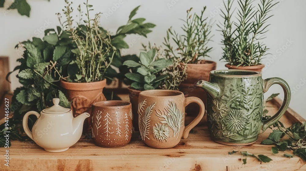 Handmade Ceramic Teapot Mugs and Plants on Wooden Table Handmade Ceramic Teapot Mugs and Plants on Wooden Table