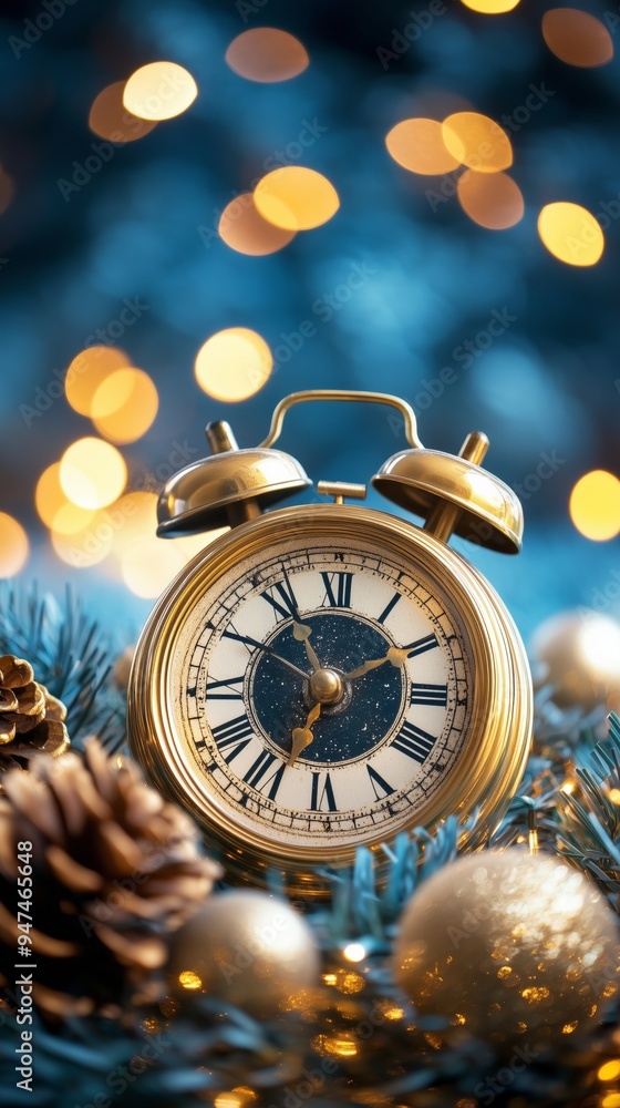 Golden Clock with Roman Numerals Against Enchanting Blue Background with Festive Details Golden Clock with Roman Numerals Against Enchanting Blue Background with Festive Details
