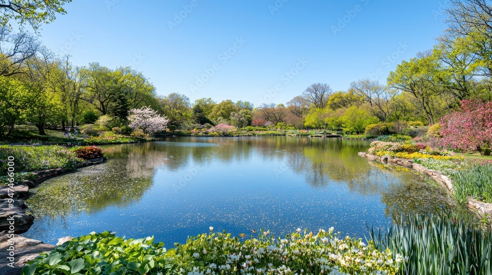Fototapeta premium Serene Pond with Blooming Flowers in Springtime Garden