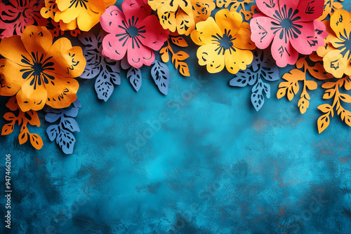 Traditional Mexican Paper Flowers over Turquoise Wall with copy space for Dia de los Muertos Celebration photo