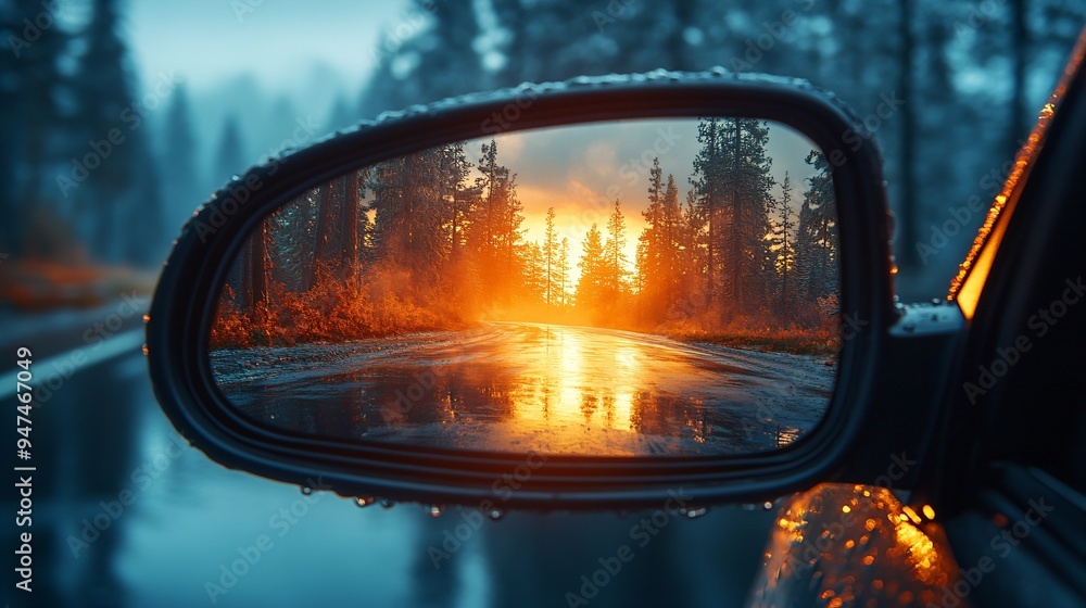a car mirror reflects a beautiful landscape, a car driver cruises down the open road a car mirror reflects a beautiful landscape, a car driver cruises down the open road