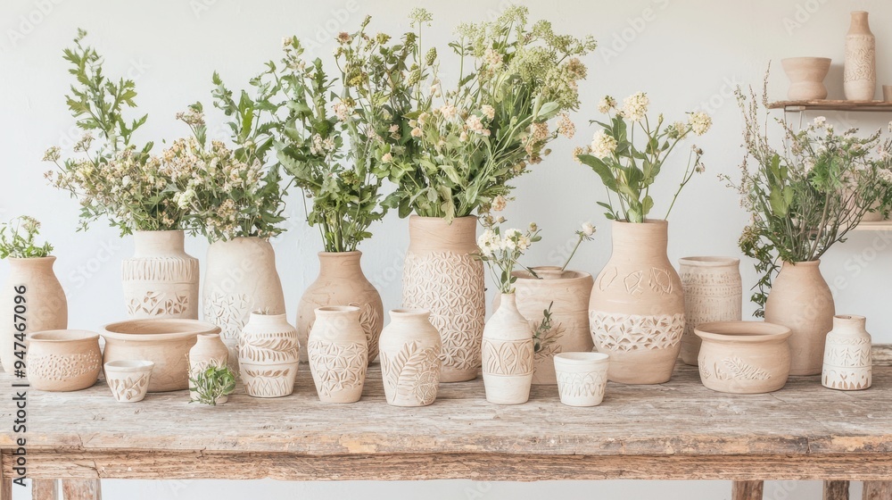 Fototapeta premium Rustic Farmhouse Decor with Handcrafted Pottery Vases and Flowers