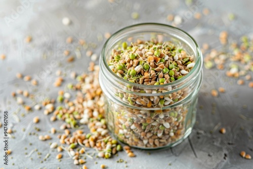 Raw green buckwheat sprouted cereals, green buck wheat grains in jar, uncooked kasha sprouts heap photo