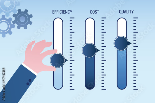 Businessman hand uses control and settings sliders. Measurement scale. Level control and business cost optimization, efficiency and quality. Business development