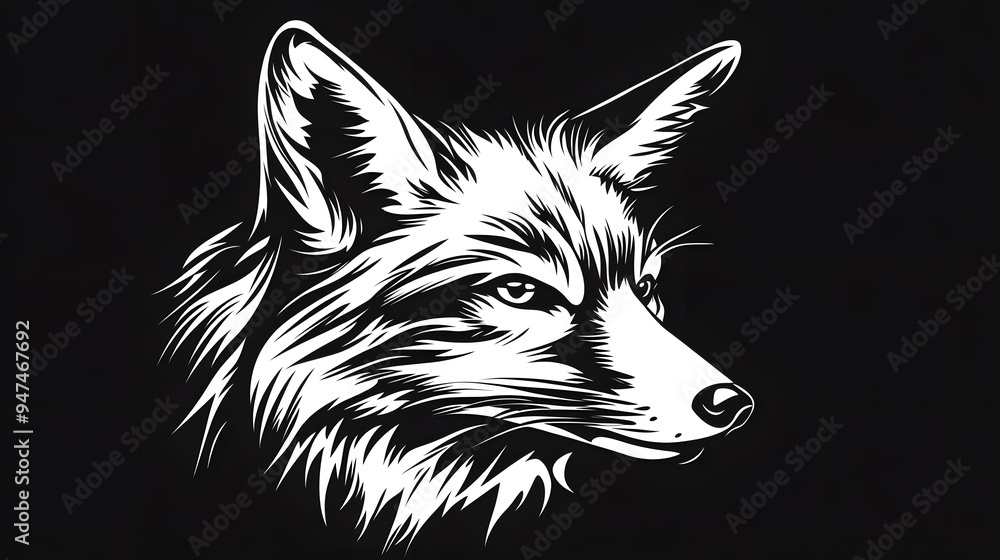 Obraz premium A wolf's head rendered in black and white against a black background, perfect for striking visuals and impactful designs.