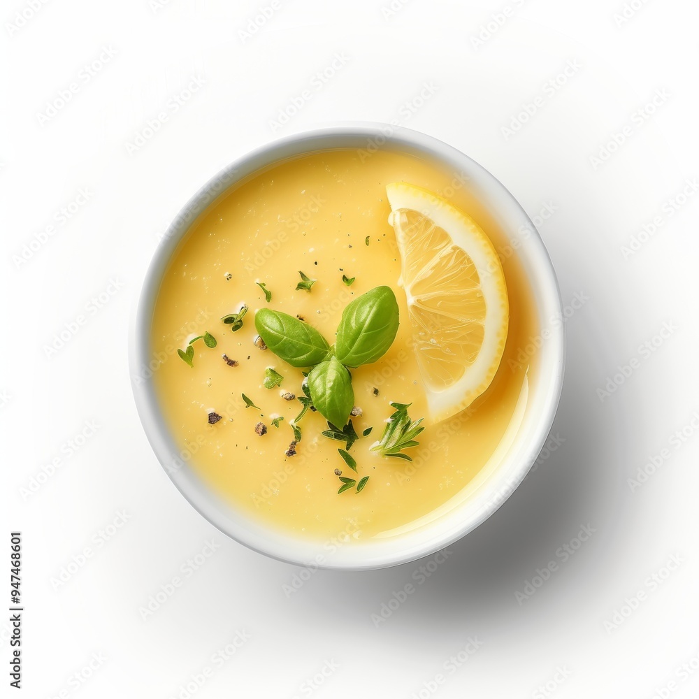 Bowl with lemon sauce isolated, yellow dip, lemon salad dressing on white background, top view Bowl with lemon sauce isolated, yellow dip, lemon salad dressing on white background, top view