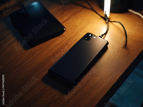 A black smartphone with a single camera lens is charging on a wooden table. The phone is lying flat with the charging cable connected to a wall outlet. 