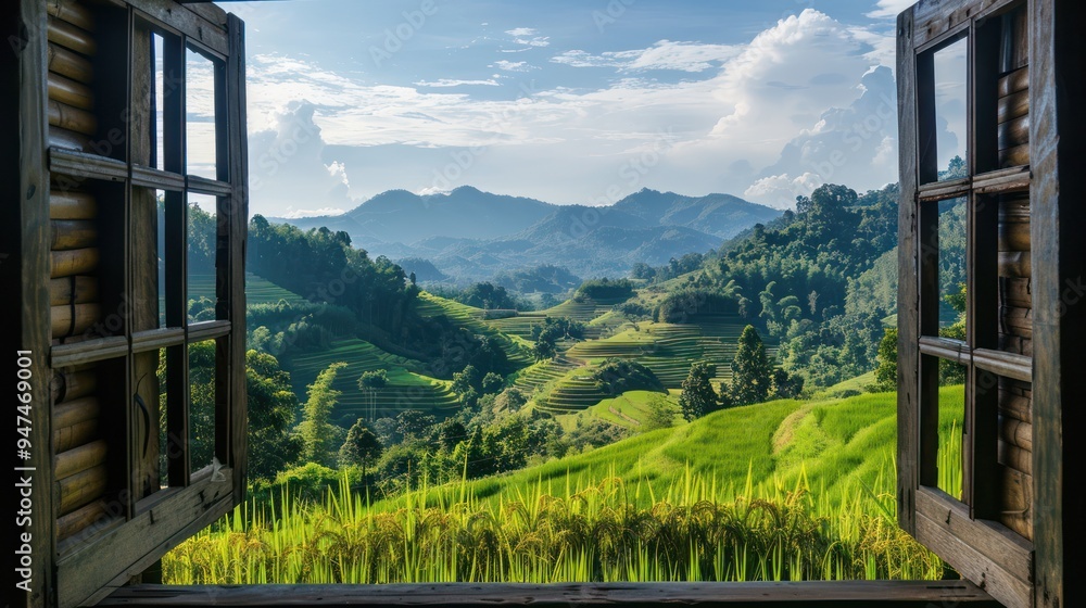 Fototapeta premium Window View of Rolling Green Hills