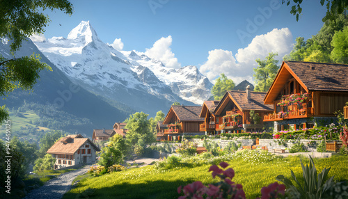 A charming village nestled in the Swiss Alps, with wooden chalets and lush greenery, overlooking snow-capped peaks.