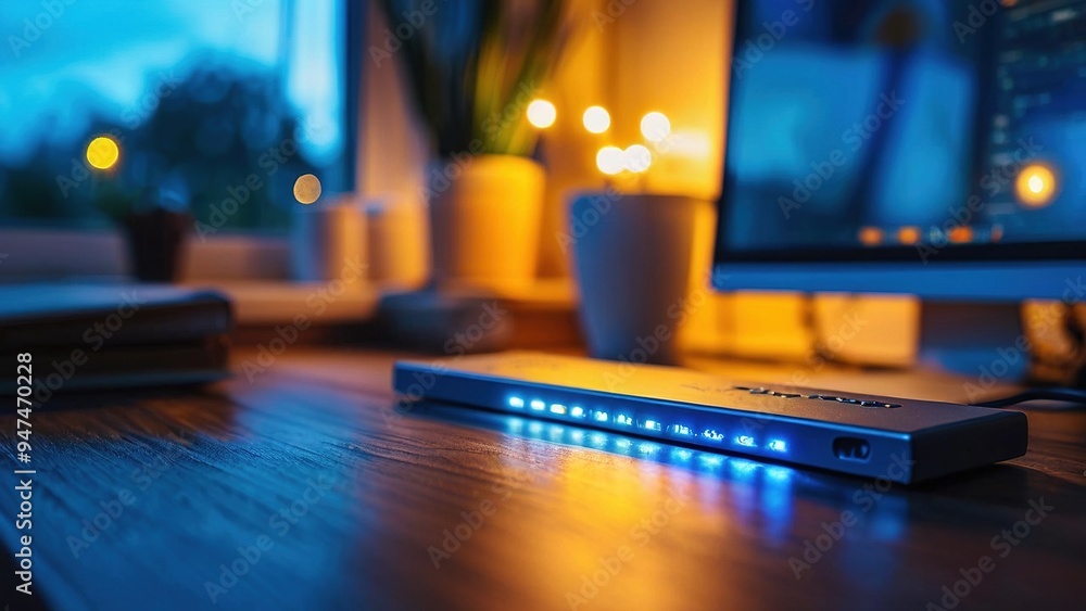 A close-up shot of a small, rectangular device with blue lights on a wooden desk, with a computer monitor, window, and plants in the background. A close-up shot of a small, rectangular device with blue lights on a wooden desk, with a computer monitor, window, and plants in the background.