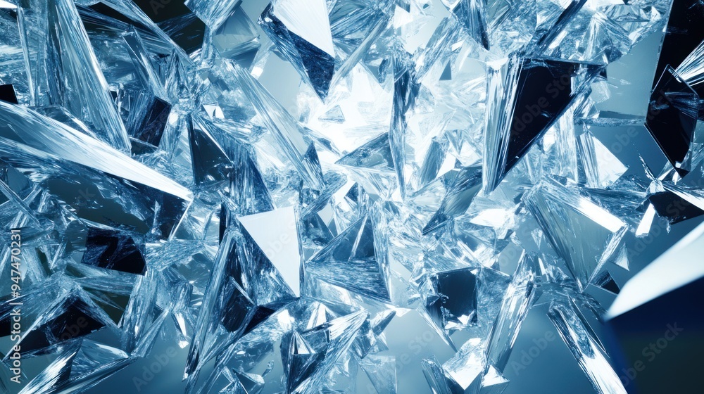 A close up of a shattered glass cube with a blue background A close up of a shattered glass cube with a blue background