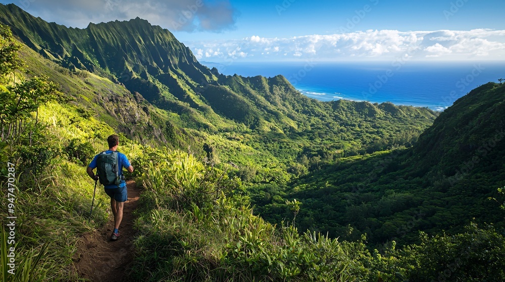 A solitary trekker ascends a rugged slope, enveloped by vibrant foliage and towering peaks beneath a bright azure sky. A solitary trekker ascends a rugged slope, enveloped by vibrant foliage and towering peaks beneath a bright azure sky.