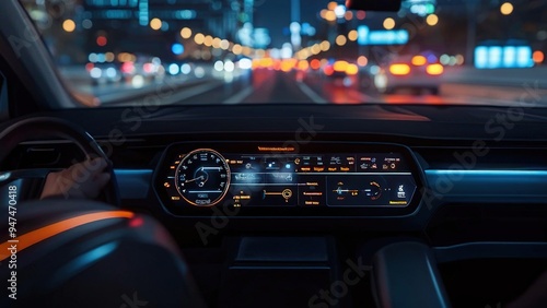 A driver's view of a modern car's dashboard with a futuristic design and a city night background.