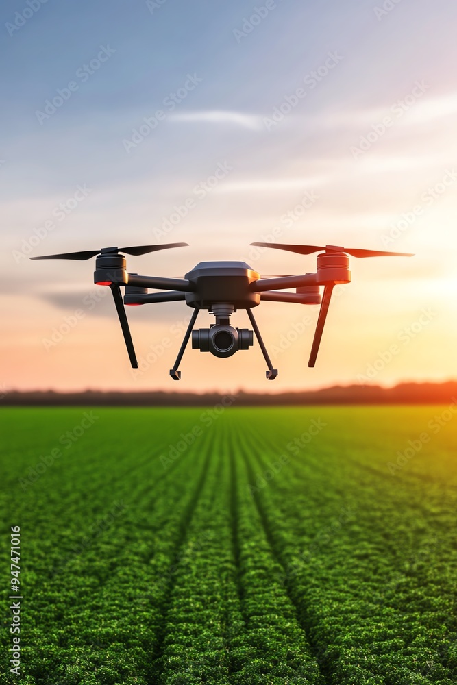 Drone flying over a green field at sunset. Drone flying over a green field at sunset.