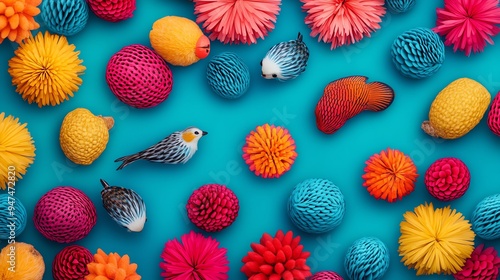 Colorful paper crafts arranged on a blue background