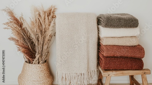 Cozy Autumn Interior with Knit Blanket Pampas Grass and Wooden Stool