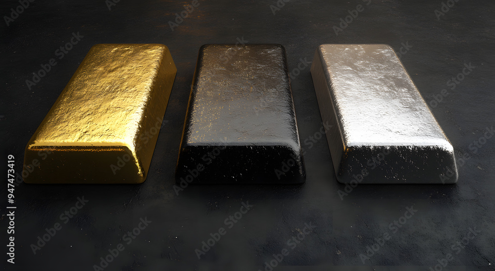 Three Different Metallic Bars—One Silver Bar, One Gold Bar, and One Copper Bar—Placed Side by Side, Representing Wealth, Investment, and the Diversity of Precious Metals, Ideal for Financial, Economic Three Different Metallic Bars—One Silver Bar, One Gold Bar, and One Copper Bar—Placed Side by Side, Representing Wealth, Investment, and the Diversity of Precious Metals, Ideal for Financial, Economic