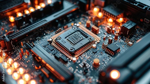 Close-up of a computer motherboard with a CPU in the center, illuminated by glowing orange lights.